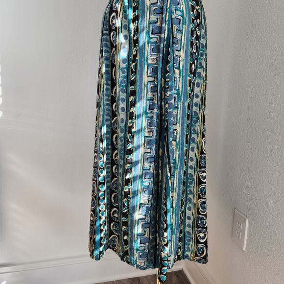 Vintage 90s Abstract Blue Green Sleeveless Midi Dress Criss Cross Neckline 12 - Picture 12 of 14